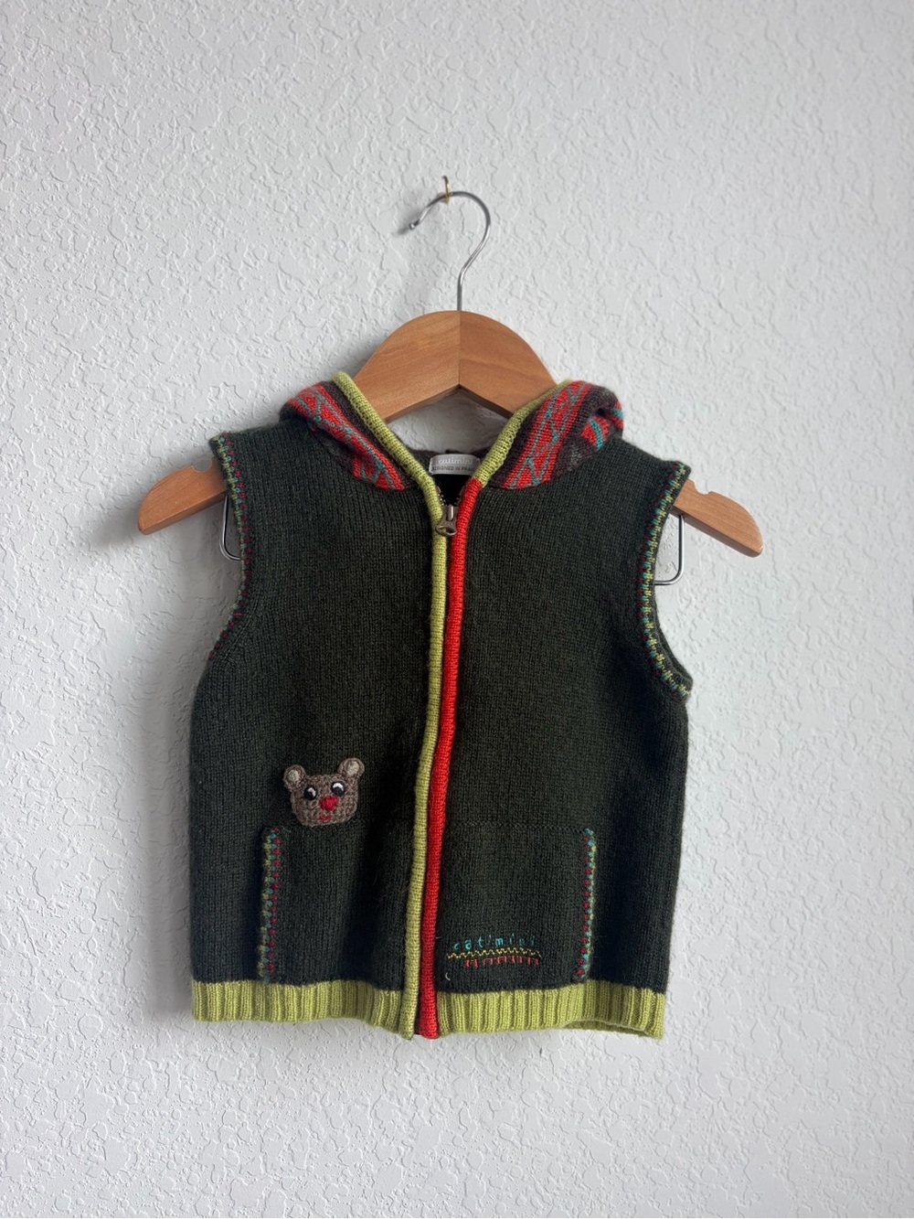 Kids Catimini 18M Hooded Knit Vest in Olive Green with Red Trim